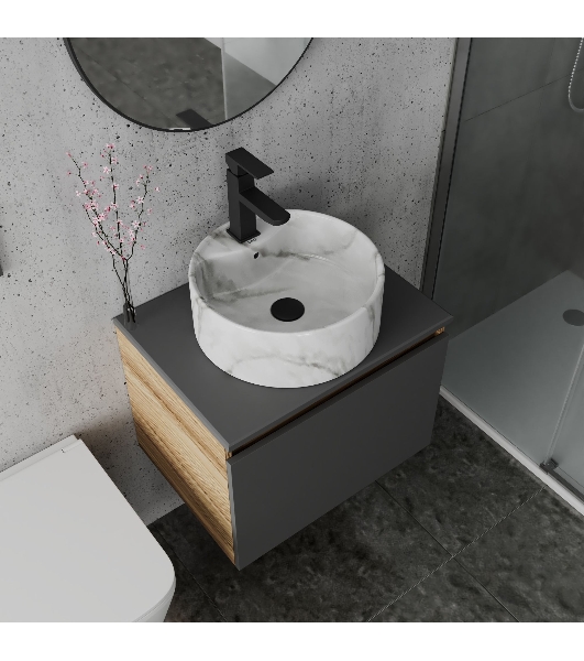 Комплект: тумба Bau Dream Blackwood графит 60, 1 ящик, раковина круглая накладная BAU Element D41, мрамор, смеситель Hotel Black, черный матовый, выпуск клик клак черный
