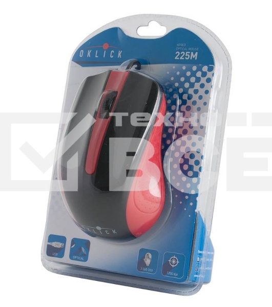 Мышь проводная Oklick 225M черный/красный, 1200 dpi, USB, кнопки - 3