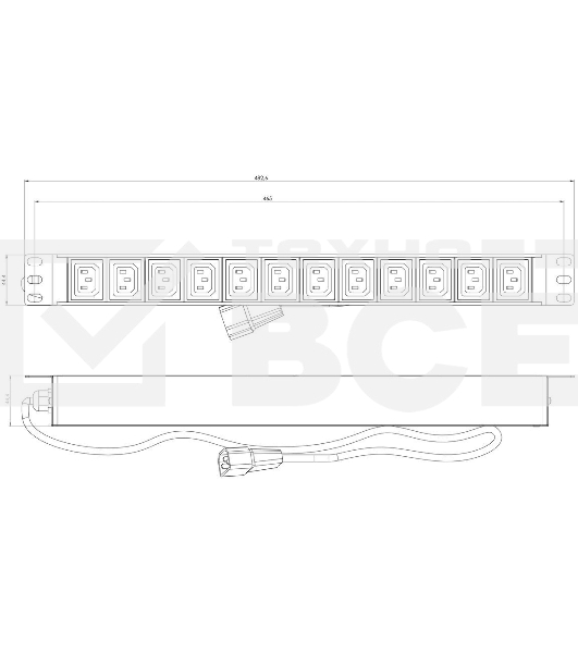 Блок распределения питания Hyperline SHE19-12IEC-2.5IEC гор.размещ. 12xC13 базовые 10A C14 2.5м