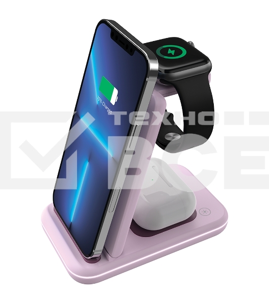 Беспроводное зарядное устройство CANYON WS-304,  Foldable  3in1 Wireless charger, with touch button for Running water light, Input 9V/2A,  12V/1.5AOutput 15W/10W/7.5W/5W, Type c to USB-A cable length 1.2m, with QC18W EU plug,132.51х75х28.58мм, 0.168Kg, Iced Pink