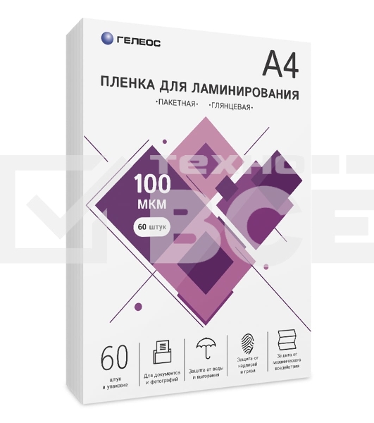 Пленка для ламинирования ГЕЛЕОС, А4, 100 мкм 60 шт./ Пленка для ламинирования A4, 216х303 (100 мкм) глянцевая 60шт, ГЕЛЕОС [LPA4-100-60]