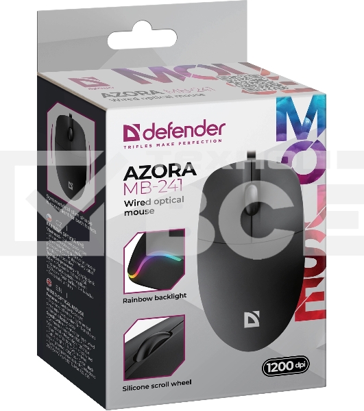Мышь проводная Defender Azora MB-241 черный, 1200 dpi, USB, кнопки - 3