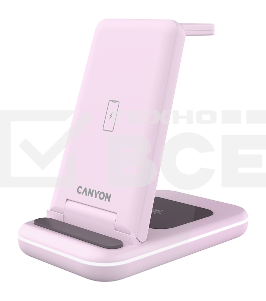 Беспроводное зарядное устройство CANYON WS-304,  Foldable  3in1 Wireless charger, with touch button for Running water light, Input 9V/2A,  12V/1.5AOutput 15W/10W/7.5W/5W, Type c to USB-A cable length 1.2m, with QC18W EU plug,132.51х75х28.58мм, 0.168Kg, Iced Pink