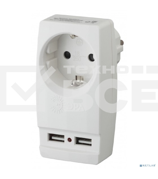 Адаптер ЭРА Б0026332 'Polynom' SP-1e-USB-W 1гн 220V + 2xUSB 2100mA, c заземл, (белый)
