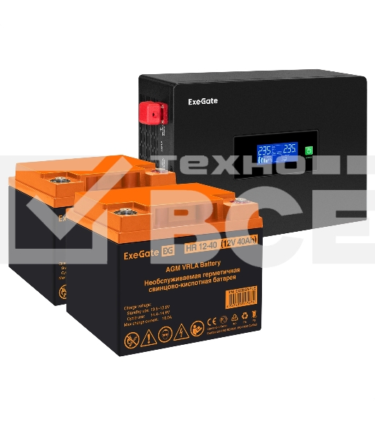 Комплект Источник бесперебойного питания EX295994RUS + батарея 40Aч EX282979RUS 2шт (инвертор, синус, для котла, PF=1, настенный) ExeGate IdealSine SR-1500.LCD.2SH  <1500VA/1500W, чистая синусоида, цветной LCD-дисплей, 2*Schuko, крепление настенное, черный> + батарея ExeGate HR 12-40 (12В, 40Ач) 2шт