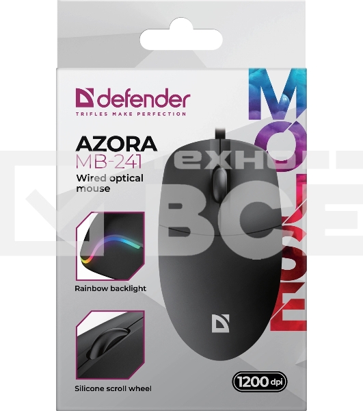 Мышь проводная Defender Azora MB-241 черный, 1200 dpi, USB, кнопки - 3
