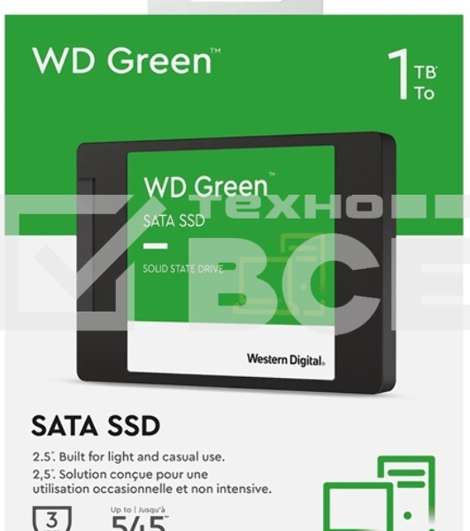 Накопитель SSD WD Green WDS100T3G0A, 1000Gb, SATA III, 2.5