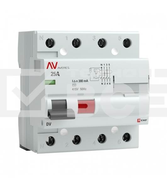 Выключатель дифференциального тока (УЗО) Averes DV 4P 25А/300мА (AC) электромеханическое