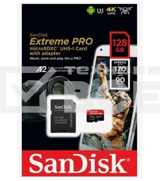 Карта памяти SanDisk Extreme Pro с адаптером microSD UHS I Card 128GB for 4K Video on Smartphones, Action Cams & Drones 200MB/s Read, 90MB/s Write, Lifetime Warranty