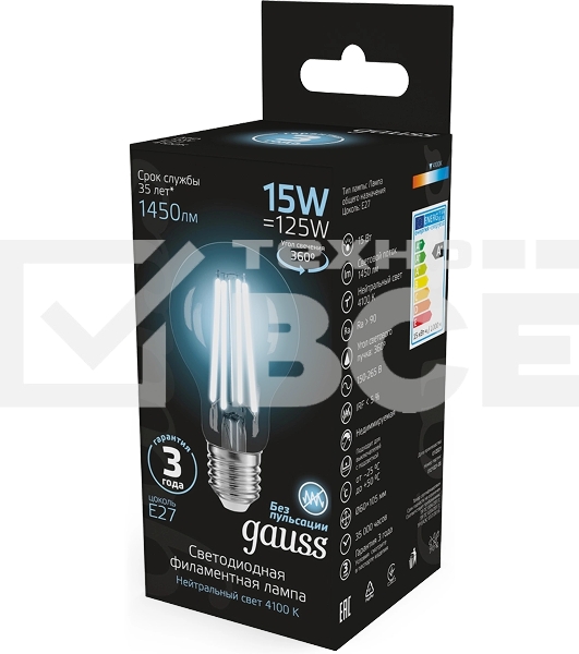 Лампа светодиодная Gauss Filament 102902215 15Вт цок.:E27 груша 220B св.свеч.бел.нейт. (упак.:10шт)