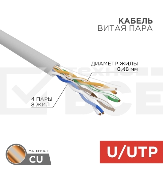 Кабель витая пара Rexant LIGHT U/UTP, категория 5e, ZH нг(А)-HF, 4PR, 24AWG, внутренний, серый, 305 м