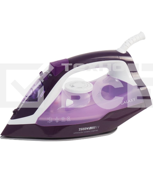 Утюг Galaxy Line GL 6124, фиолетовый с белым, паровой, 2500 Вт, постоянный пар 50 г/мин, паровой удар 230 г/мин, функции: самоочистка, антикапля, антинакипь, функция увлажнения, вертикальное отпаривание, защита от перегрева, индикатор нагрева, керамическо