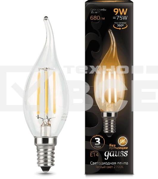 Лампа светодиодная Filament Свеча на ветру E14 9Вт 2700К GAUSS 104801109