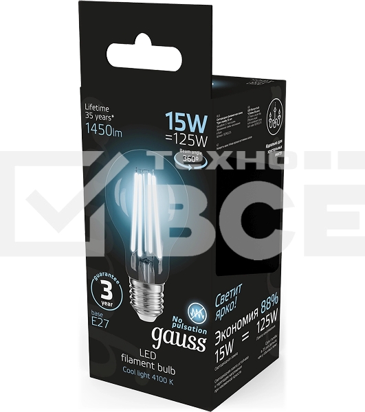 Лампа светодиодная Gauss Filament 102902215 15Вт цок.:E27 груша 220B св.свеч.бел.нейт. (упак.:10шт)