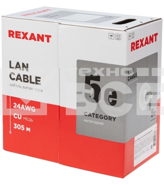Кабель витая пара Rexant LIGHT U/UTP, категория 5e, ZH нг(А)-HF, 4PR, 24AWG, внутренний, серый, 305 м