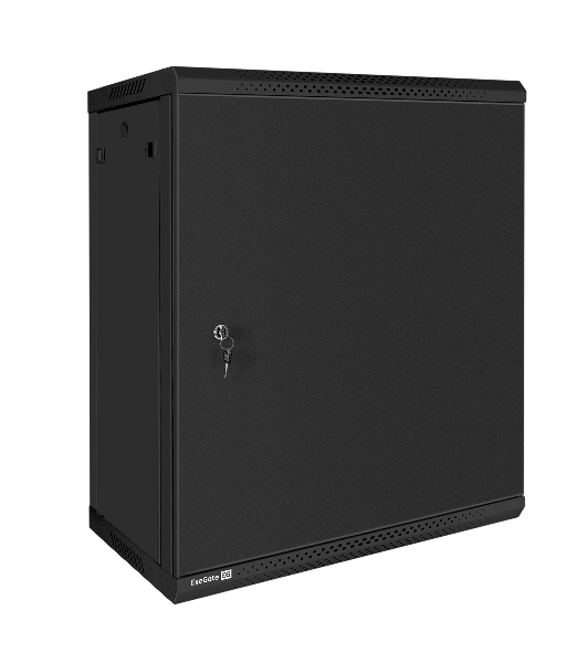 Шкаф телекоммуникационный 19' настенный 15U ExeGate EC-WM-15U.450.M.BLACK (19”, 15U, 600x450x769mm (ШхГхВ), передняя дверь металл, съемные боковые панели, пыле- и влагозащита IP23, черный RAL 9004, 2 коробки)