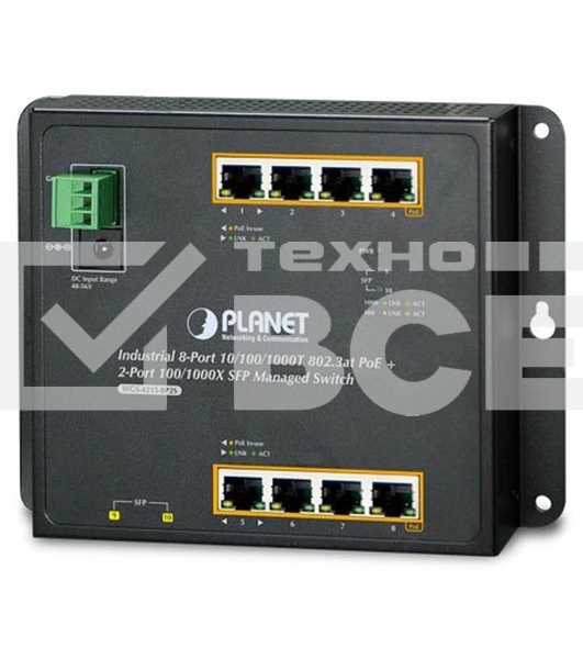 Индустриальный коммутатор WGS-4215-8P2S  IP30, IPv6/IPv4, 8-Port 1000T 802.3at PoE + 2-Port 100/1000X SFP Wall-mount Managed Ethernet Switch (-40 to 75 C, dual power input on 48-56VDC terminal block and power jack, SNMPv3, 802.1Q VLAN, IGMP Snooping, SSL,