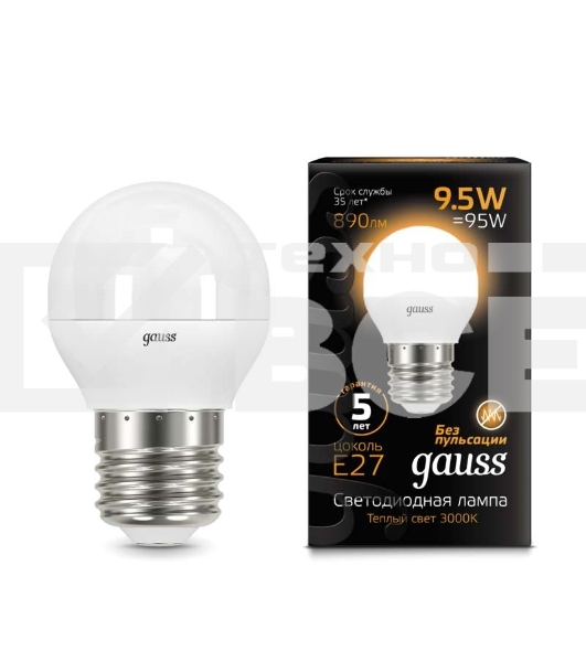 Светодиодная лампа GAUSS 105102110 LED Шар E27 9.5W 890lm 3000K 1/10/50