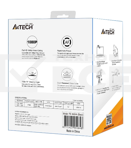 Камера Web A4Tech PK-940HA черный 2Mpix (1920x1080) USB2.0 с микрофоном