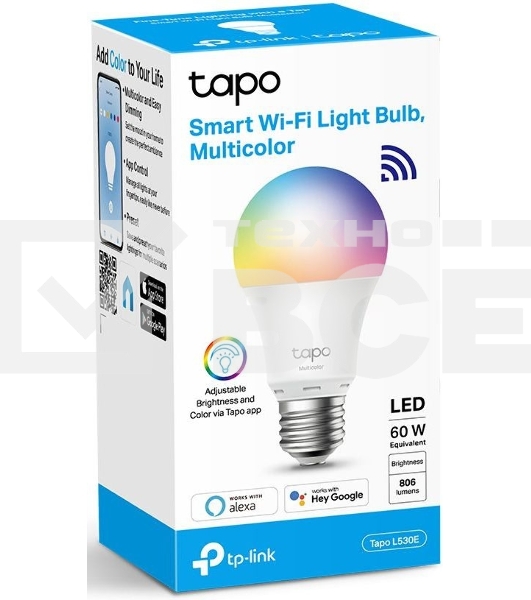 Умная многоцветная Wi‑Fi лампа Tapo Smart WiFi Bulb, A60 size，E27 base, 9.5W, 16 million colors, 2000k-6500k tunable white, 800 lumens brightness and diммable, 802.11b/g/n 2.4G WiFi connection, work with 200-240 V, 50/60 Hz power voltage and frequency, wo