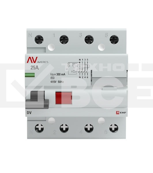 Выключатель дифференциального тока (УЗО) Averes DV 4P 25А/300мА (AC) электромеханическое