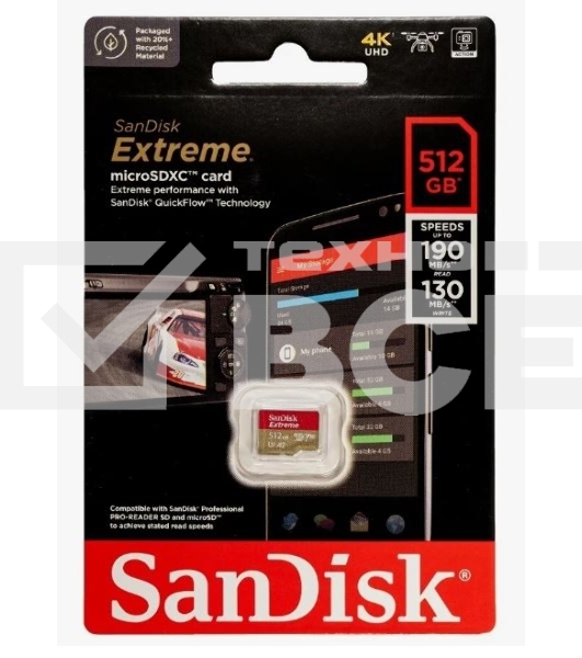 Флеш карта microSD 512GB SanDisk microSDXC Class 10 UHS-I A2 C10 V30 U3 Extreme 190MB/s