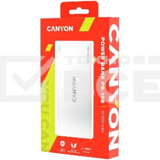 Портативный аккумулятор CANYON PB-108 Power bank 10000mAh Li-poly battery, Input 5V/2A, Output 5V/2.1A(Max), 140*68*16mm, 0.230Kg, White