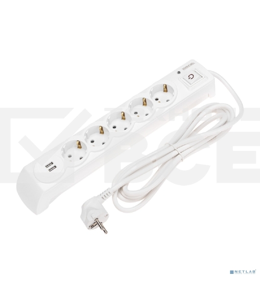 Сетевой фильтр 5 гнезд, 3м, 3х1,5мм², с автовыкл, 2 USB, белый KRANZ