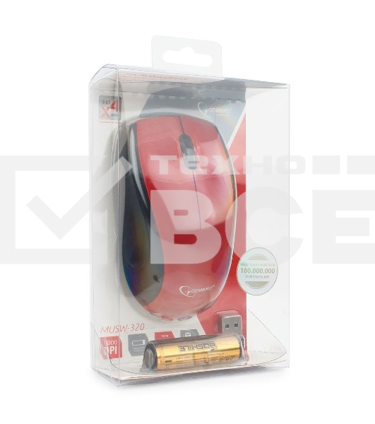 Мышь беспроводная Gembird MUSW-320-R красный, 1000 dpi, радиоканал, USB, кнопки - 3