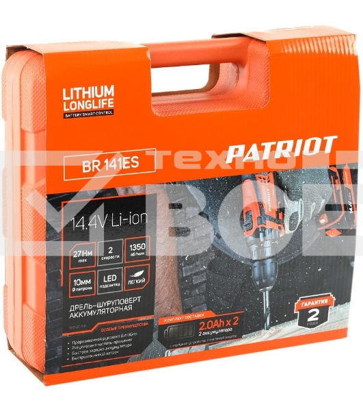 Дрель-шуруповерт аккумуляторная Patriot BR 141ES, Аккумуляторная, 14,4В, 2 АКБ, Кейс