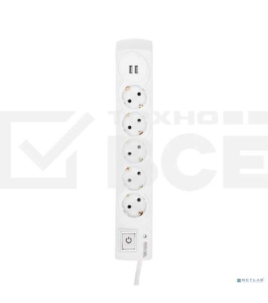 Сетевой фильтр 5 гнезд, 3м, 3х1,5мм², с автовыкл, 2 USB, белый KRANZ