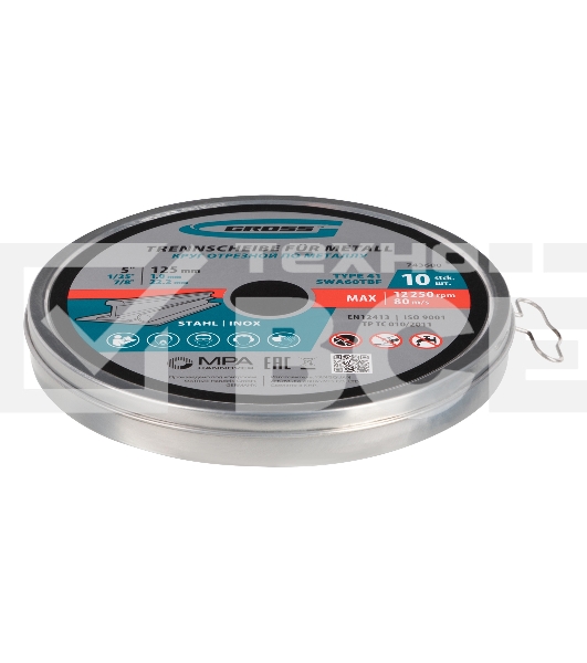 Круг отрезной по металлу Gross WA60TBF 125х1.0х22.2мм, в метал.банке, 10 шт. 743680