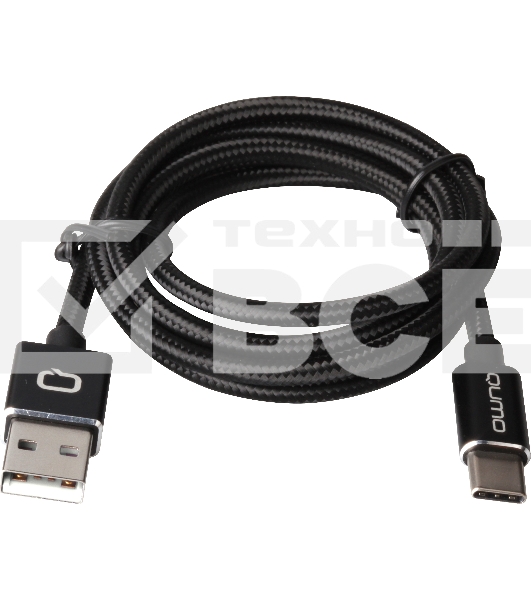 Кабель Qumo Type-С кабель, 1м, USB 2.0, 5В, 2А, 10Вт, PVC оплетка, PVC molded коннектор, черный