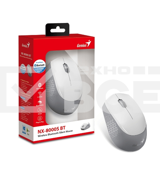 Мышь беспроводная Genius NX-8000S BT белый, 1200 dpi, радиоканал, Bluetooth, USB, кнопки - 3