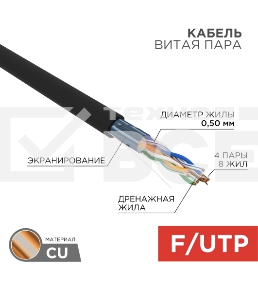 Кабель витая пара Rexant FTP 4PR 24AWG, CAT5e наружный (OUTDOOR) (бухта 305 м)