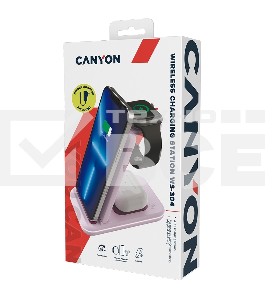 Беспроводное зарядное устройство CANYON WS-304,  Foldable  3in1 Wireless charger, with touch button for Running water light, Input 9V/2A,  12V/1.5AOutput 15W/10W/7.5W/5W, Type c to USB-A cable length 1.2m, with QC18W EU plug,132.51х75х28.58мм, 0.168Kg, Iced Pink