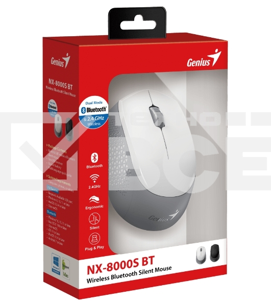 Мышь беспроводная Genius NX-8000S BT белый, 1200 dpi, радиоканал, Bluetooth, USB, кнопки - 3