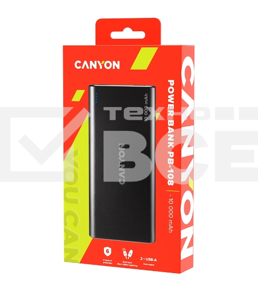 Портативный аккумулятор CANYON PB-108 Power bank 10000mAh Li-poly battery, Input 5V/2A, Output 5V/2.1A(Max), 140*68*16mm, 0.230Kg, Black