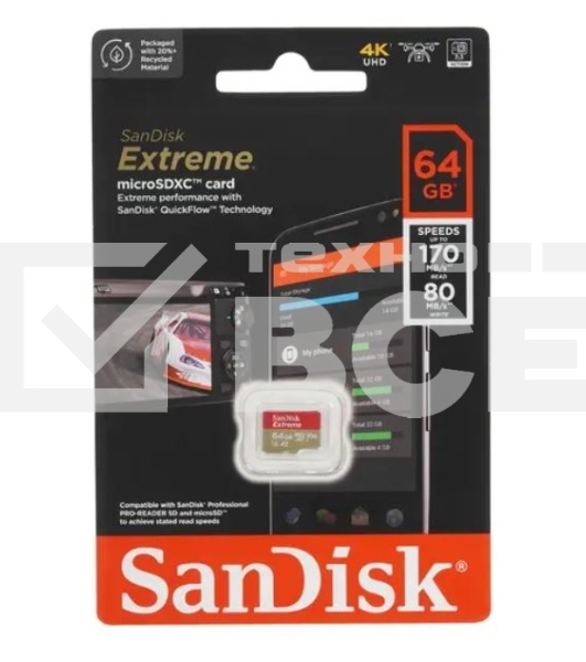 Флеш карта microSD 64Gb SanDisk microSDXC Class 10 UHS-I A1 C10 V30 U3 Extreme 170Mb/s
