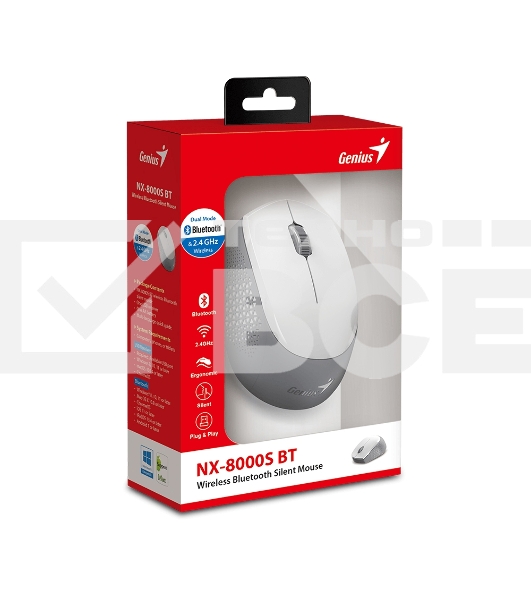 Мышь беспроводная Genius NX-8000S BT белый, 1200 dpi, радиоканал, Bluetooth, USB, кнопки - 3