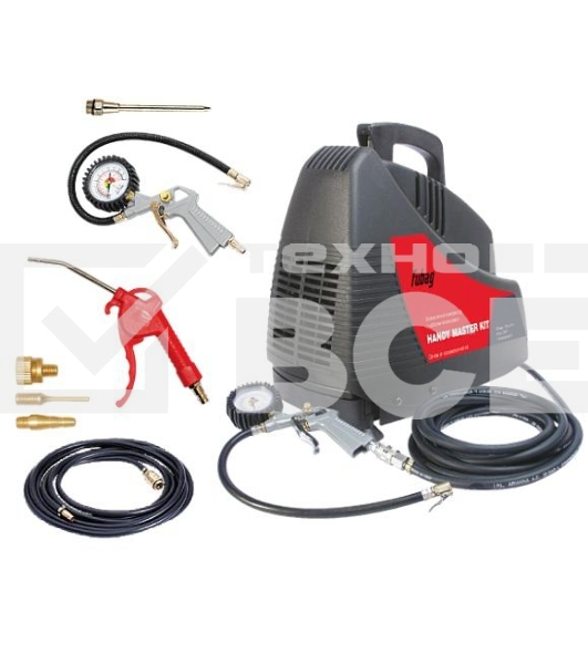 Компрессоры, Пневматическое оборудование FUBAG HANDY MASTER KIT +набор из 5 предметов 8213690KOA607 (8213690KOA536) ( Произ- водит., л/мин 180 Давле- ние, бар 8 Мощность, кВт 1.1 Напря- жение, В 220 Вес, кг 7 )