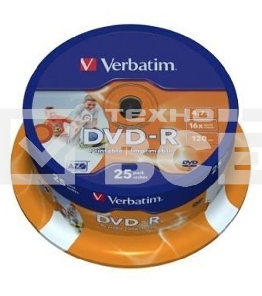 Диск DVD-R Verbatim 4.7Gb 16x Cake Box (25шт) Printable (43538)