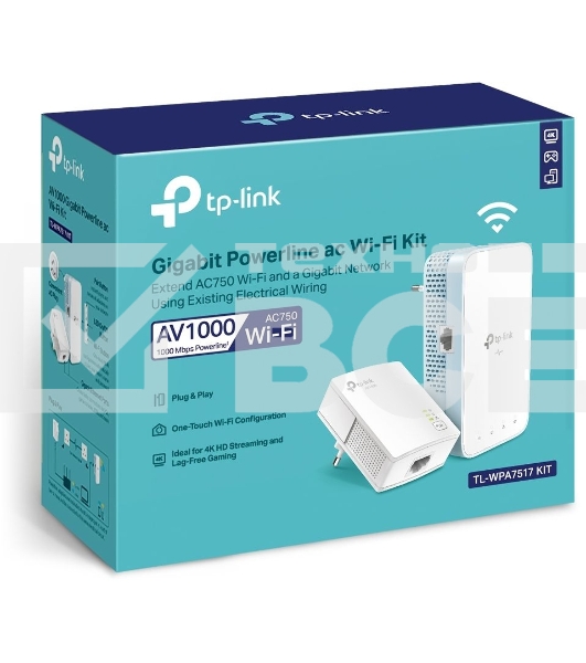 Комплект гигабитных TP-Link Wi‑Fi Powerline адаптеров AV1000 Gigabit Powerline ac Wi-Fi Kit, Dual band 802.11ac Wi-Fi - AC750 dual band Wi-Fi (433Mbps on 5GHz & 300Mbps on 2.4GHz)(TL-WPA7517 & TL-PA7017)