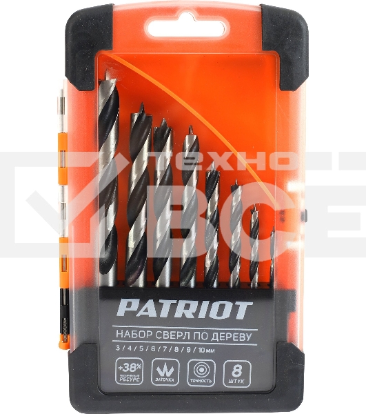Набор сверл по дереву PATRIOT спиральные, W-образная заточка, 8 шт: 3, 4, 5, 6, 7, 8, 9, 10мм, в пластиковом боксе