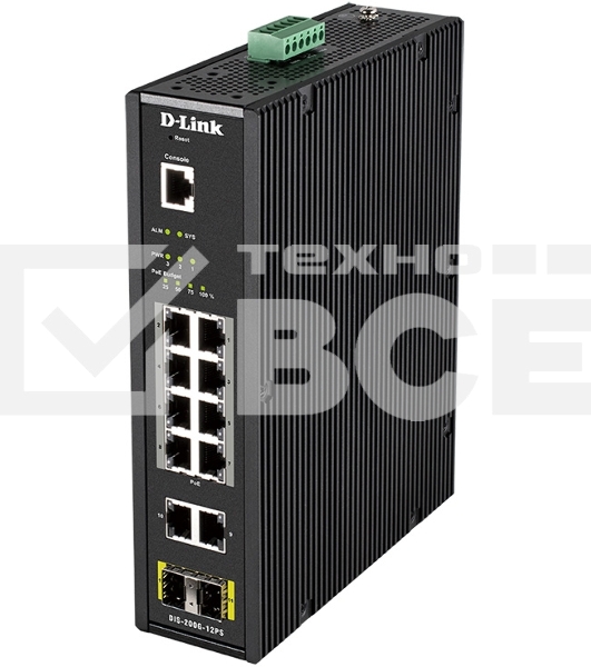 Промышленный управляемый коммутатор D-Link DIS-200G-12PS/A2A 2 уровня с 10 портами 10/100/1000Base-T и 2 портами 1000Base-X SFP (8 портов с поддержкой PoE 802.3af/802.3at (30 Вт), PoE-бюджет до 240Вт)
