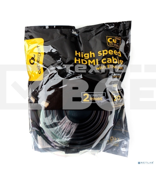 Кабель HDMI Cablexpert CCF2-HDMI4-20M, 19M/19M, v2.0, медь, позол.разъемы, экран, 2 фер.кольца, 20м, черный, пакет