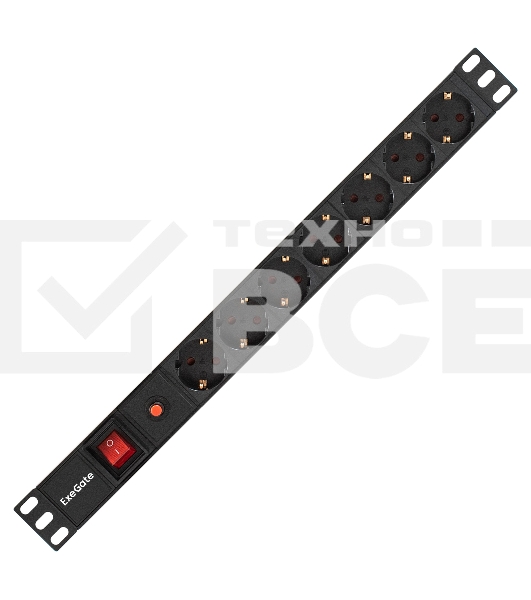 Блок розеток горизонтальный ExeGate ServerPro PDU-19H702 Al-7S-C14-SW-O, 19', 1U, Алюминий, 7 Schuko, С14, защита от перегрузки, черный