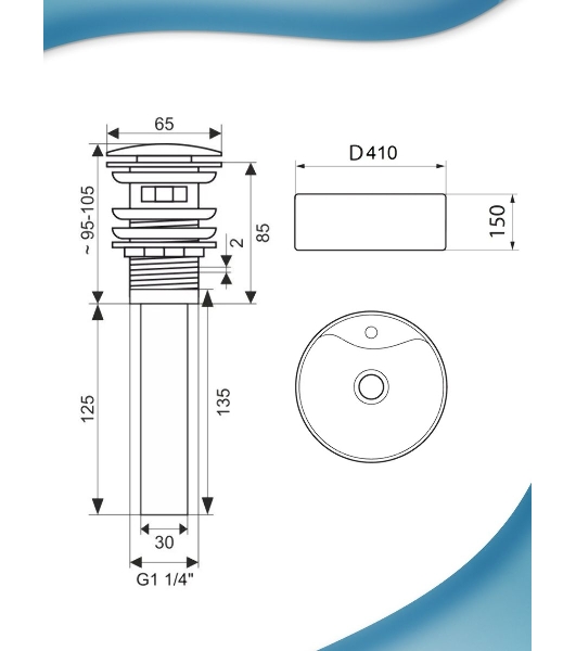 Раковина накладная BAU Element D41, с отверстием под смеситель, мрамор + выпуск клик-клак, черный