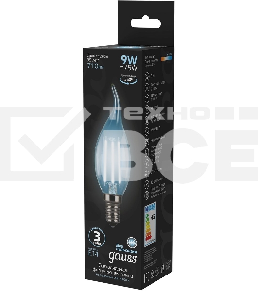 Лампа светодиодная Filament Свеча на ветру E14 9Вт 4100К GAUSS 104801209