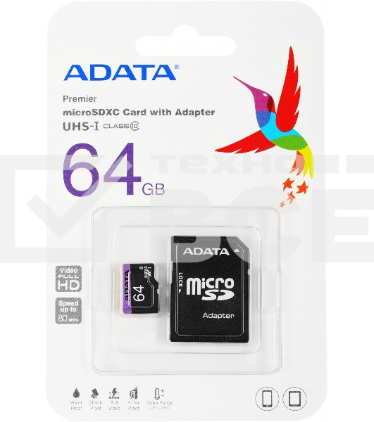 Флеш карта microSDXC 64GB ADATAUHS-1 CL10 (AUSDX64GUICL10-RA1) + SD adaptor